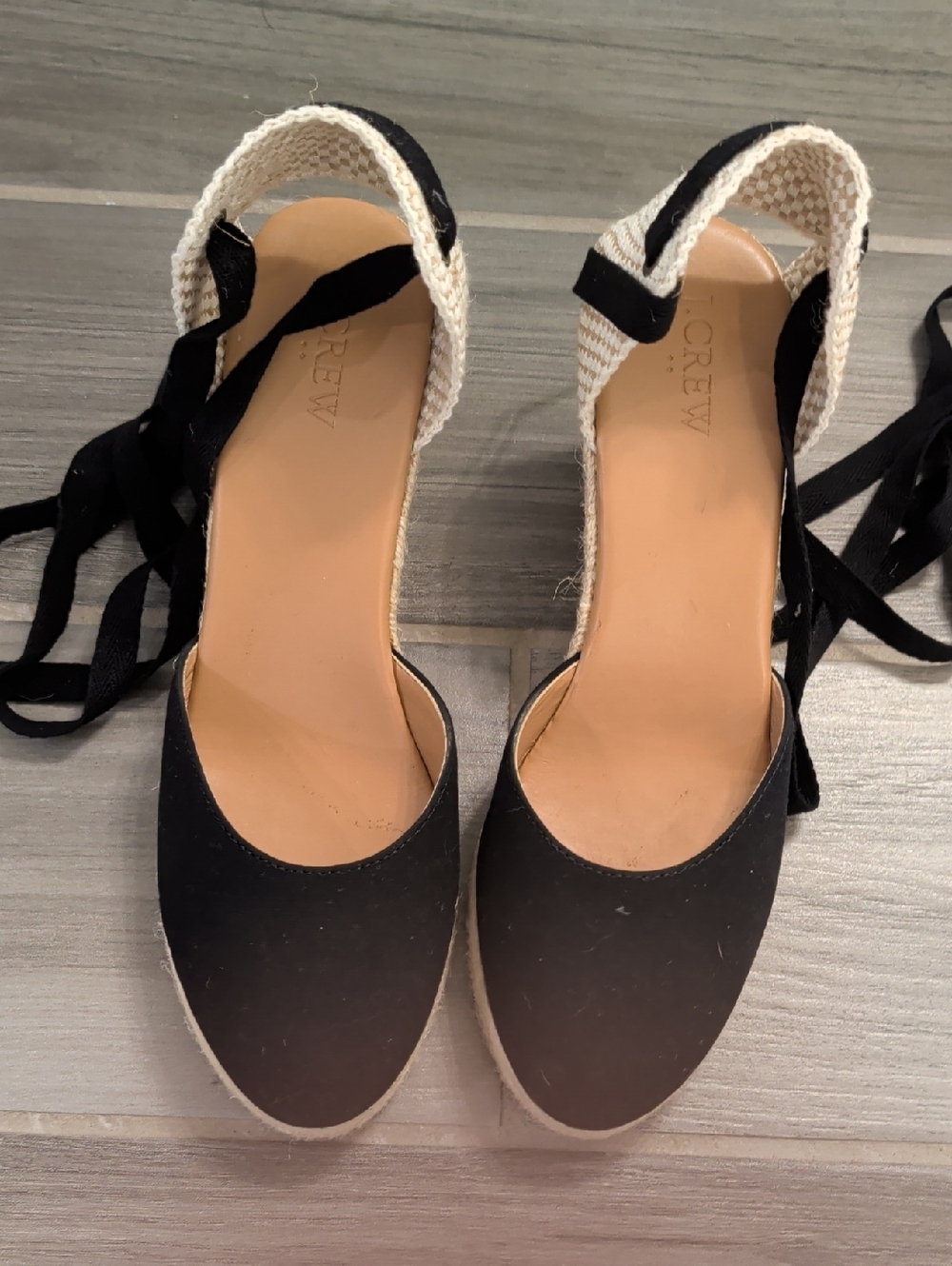EUC J. Crew Black Espadrille Tie-Ankle Wedge Sandals with Cream Trim